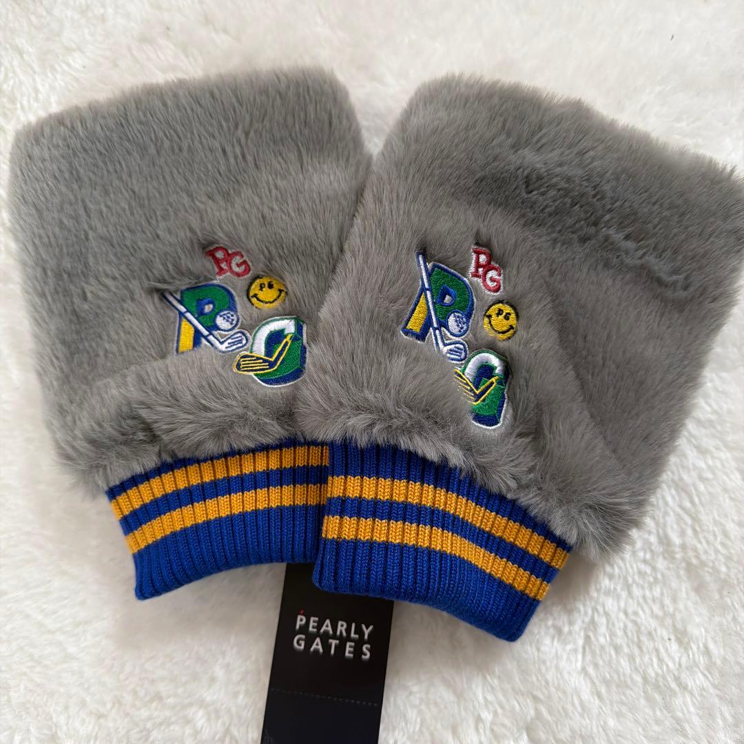 新品PEARLY GATES フェイクファー指ぬきミトン カレッジロゴ グレー