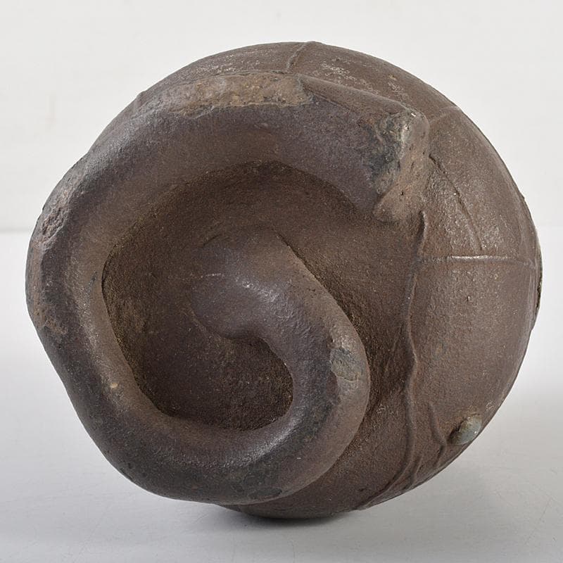 南蛮焼締　蓮葉形　蓮花蛙象嵌　掛け花生　合せ箱付　V　R7084