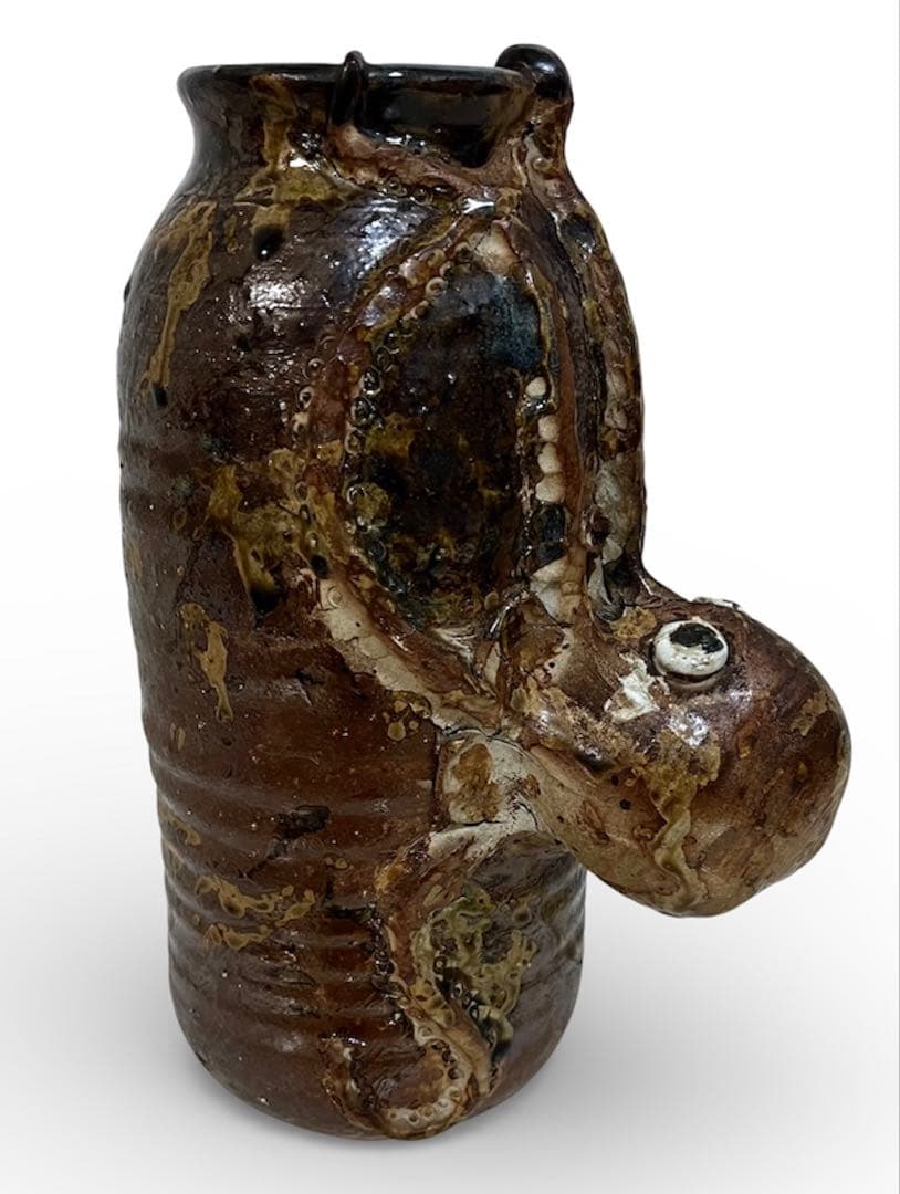 稀少珍品☆蛸彫刻付き 古い花瓶 陶器焼物 作家在銘 詳細不明 約30cm