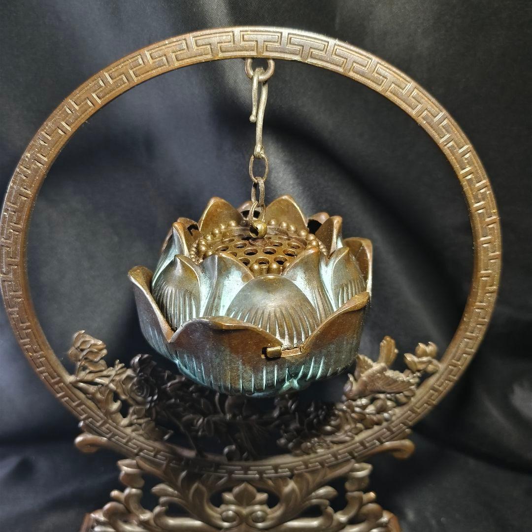 香道具 吊香炉 蓮炉花鳥文 高岡銅器 引出し付 骨董 旧家蔵出し美品 送料無料