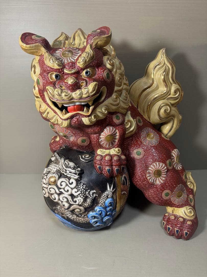 2201  九谷焼 須栄義 金彩 龍文　唐獅子 縁起物 置物