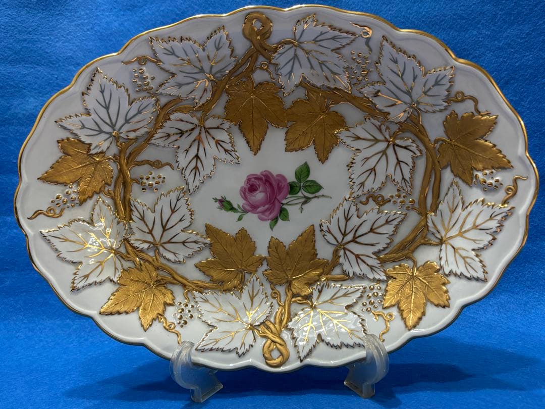 マイセン　グランツゴールドレリーフ皿　ピンクローズ　一級品　アンティーク　希少品