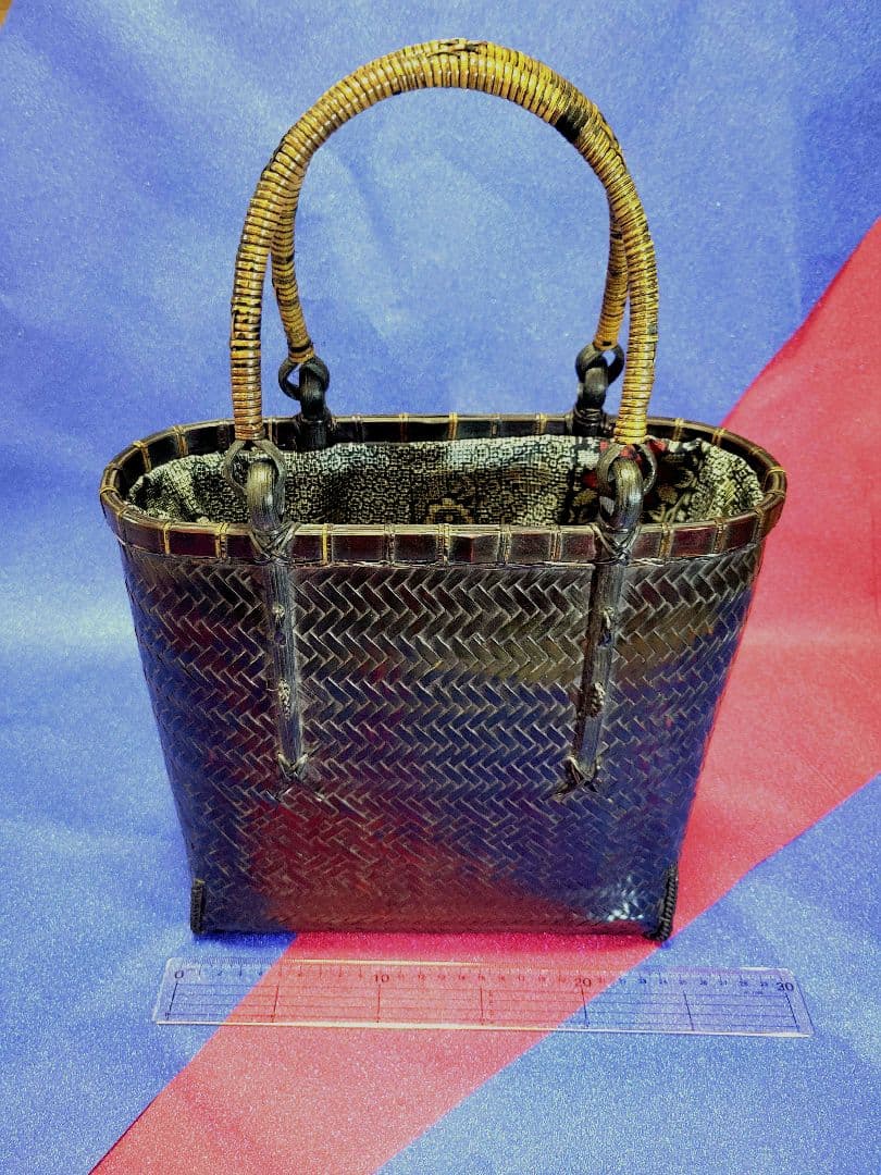 竹編みバッグ　大島紬内張り　茶道具　竹細工