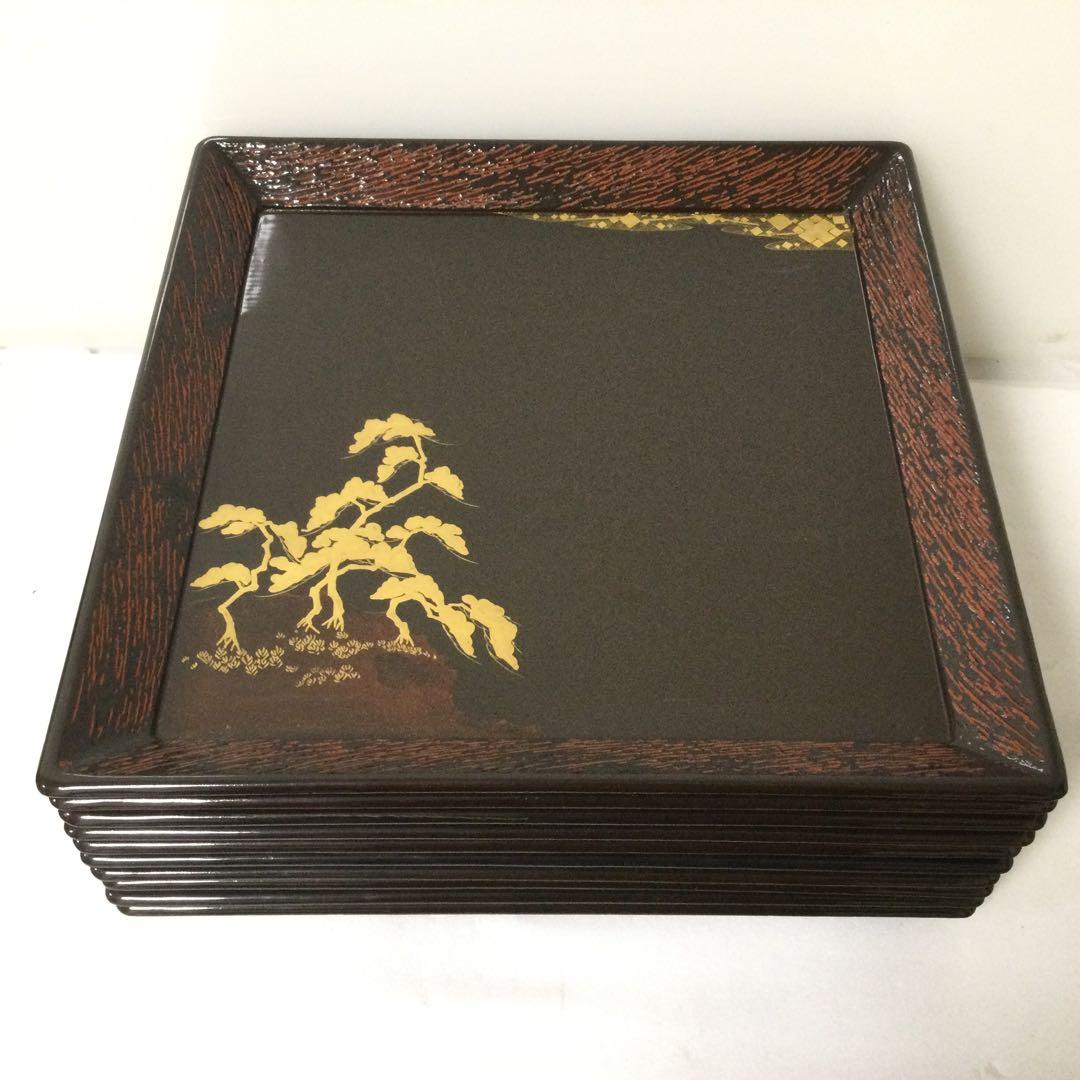 大内塗 懐石膳 十客揃 四方盆 金蒔絵真塗 天然木 時代物 B990