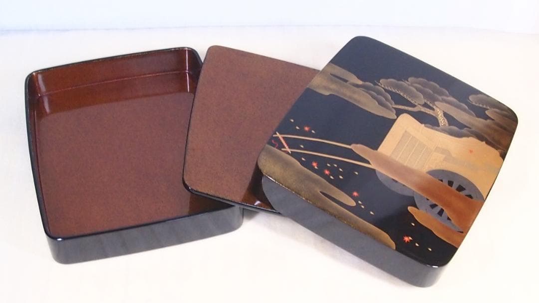 【美品】輪島塗 御所車蒔絵 硯箱 梨地 硯筥/文箱/レターケース/筆入れ 書道具