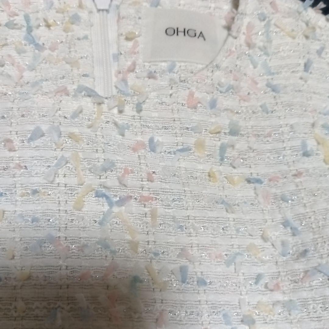 OHGA パターンブラウス　ミックスツイード　白　ツイード