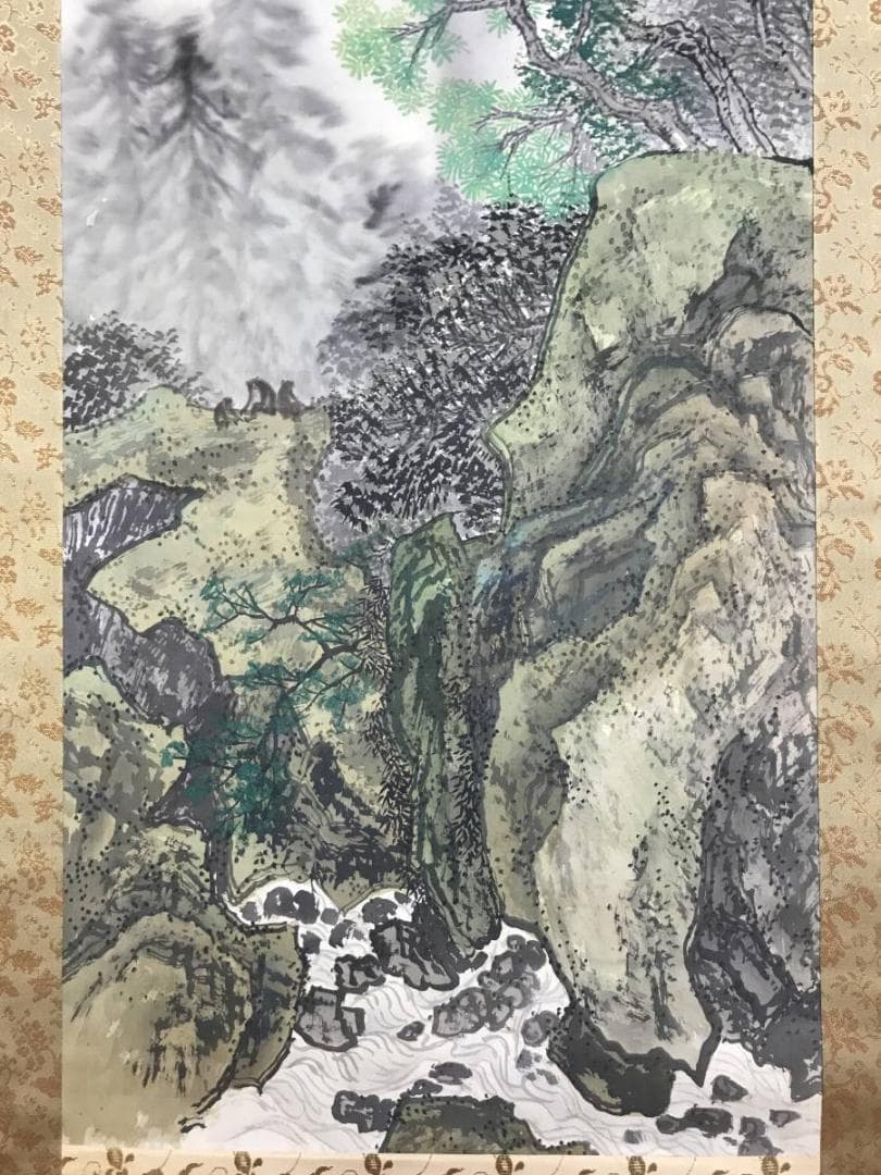 【真作】福井江亭/雲嶺飛泉/滝山水猿図/山水図/猿図/掛軸☆宝船☆AD-501
