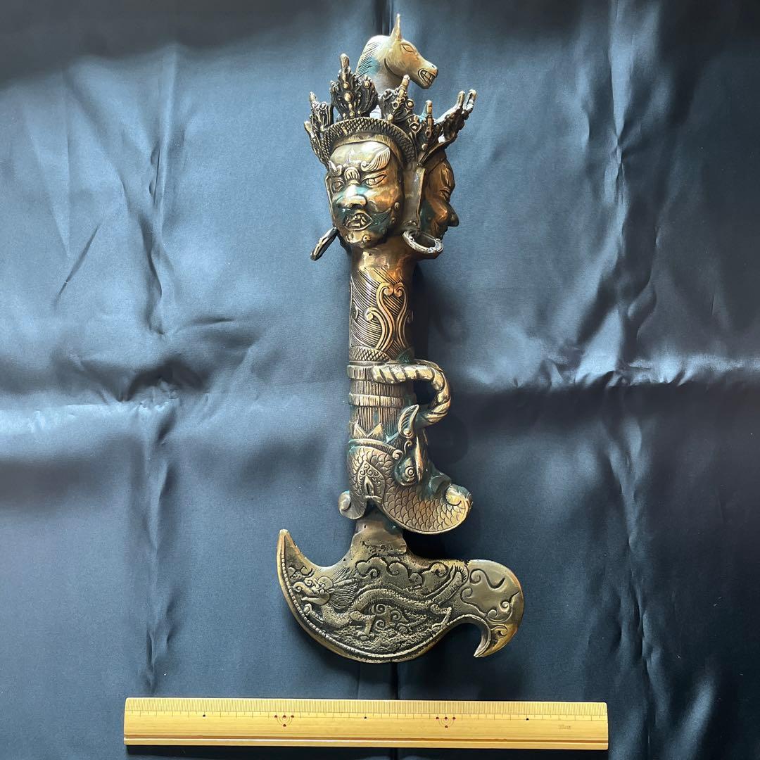 特大サイズ チベット密教法具 三面憤怒尊 カルタリ鉞斧曲刀 金剛
