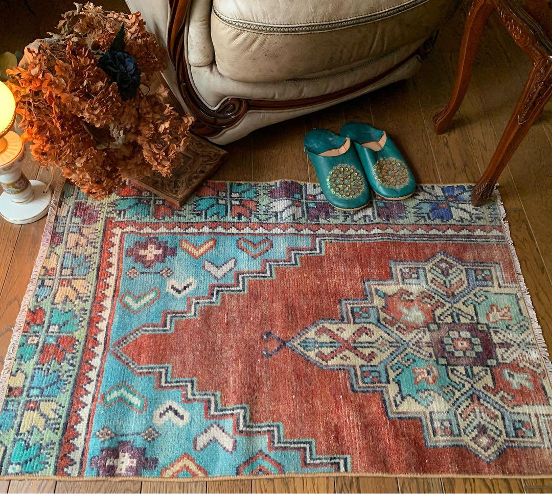 レトロブルー　テラコッタ98×62 メダリオン　トルコヴィンテージラグ