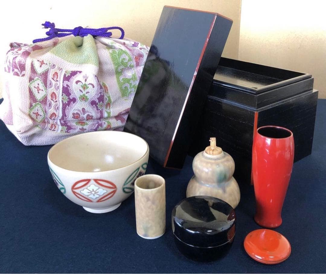 《R》茶道具 黒柿合せ塗 茶箱 お茶道具6点付　260109き2
