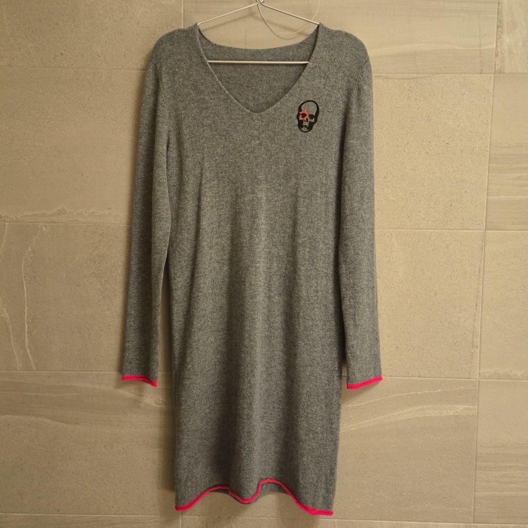 ルシアンペラフィネ スカル刺繍 ネオンピンク カシミア ワンピース ミニ 長袖