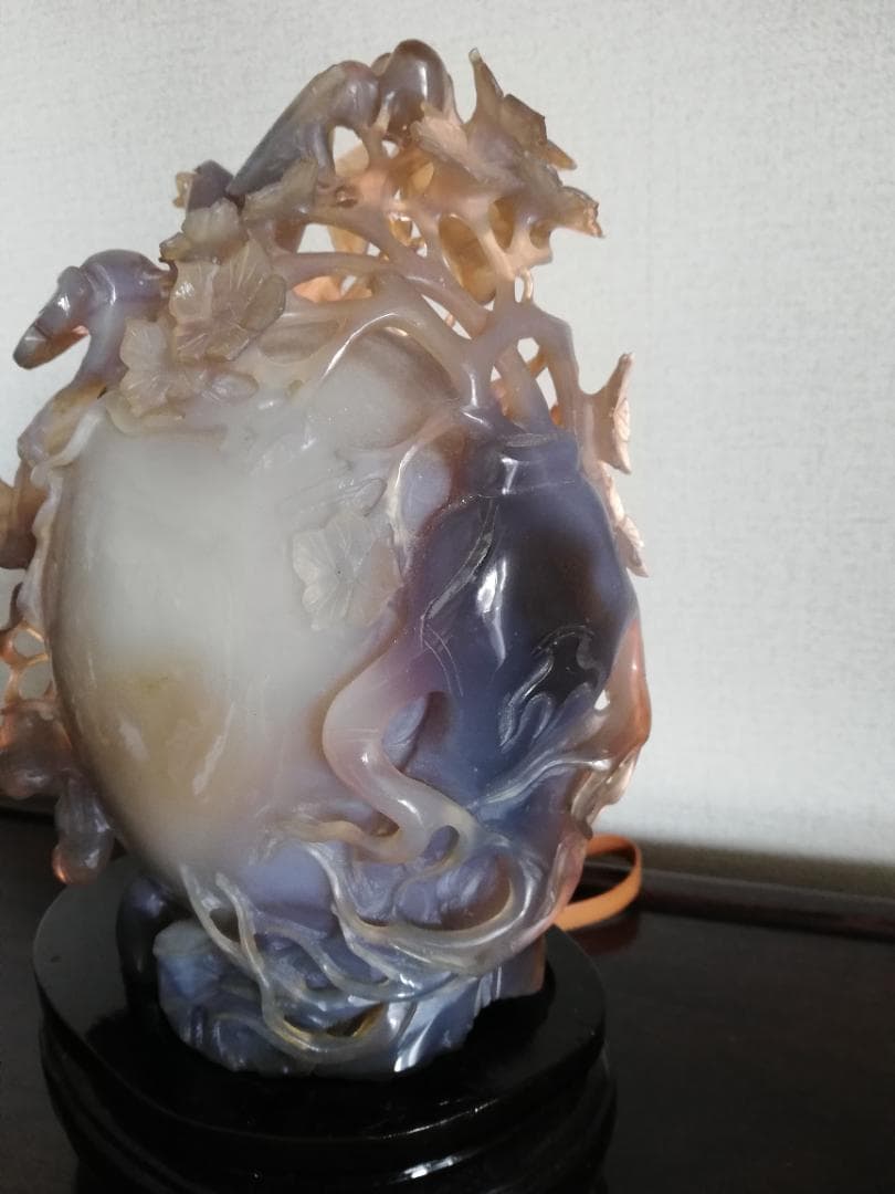 天然石/水胆瑪瑙/彫刻飾置物/骨董/縁起物/落花生/如意/吉祥鳥/子孫繁栄