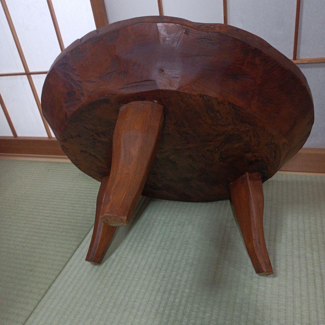 希少　古民家蔵出し品　天然木　座卓　丸テーブル　手彫り　ガラス板付き