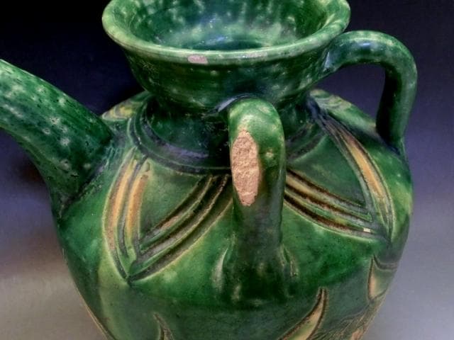 水注■唐物緑釉魚紋耳付箆目水瓶 水差 花瓶 古玩 古陶 中国 時代物 骨董品■