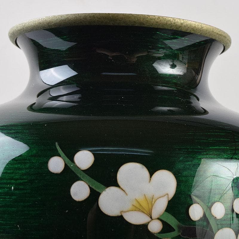 七宝焼　安藤七宝店　緑透釉　四君子文　花瓶　唐木台付　共箱　M　R9508