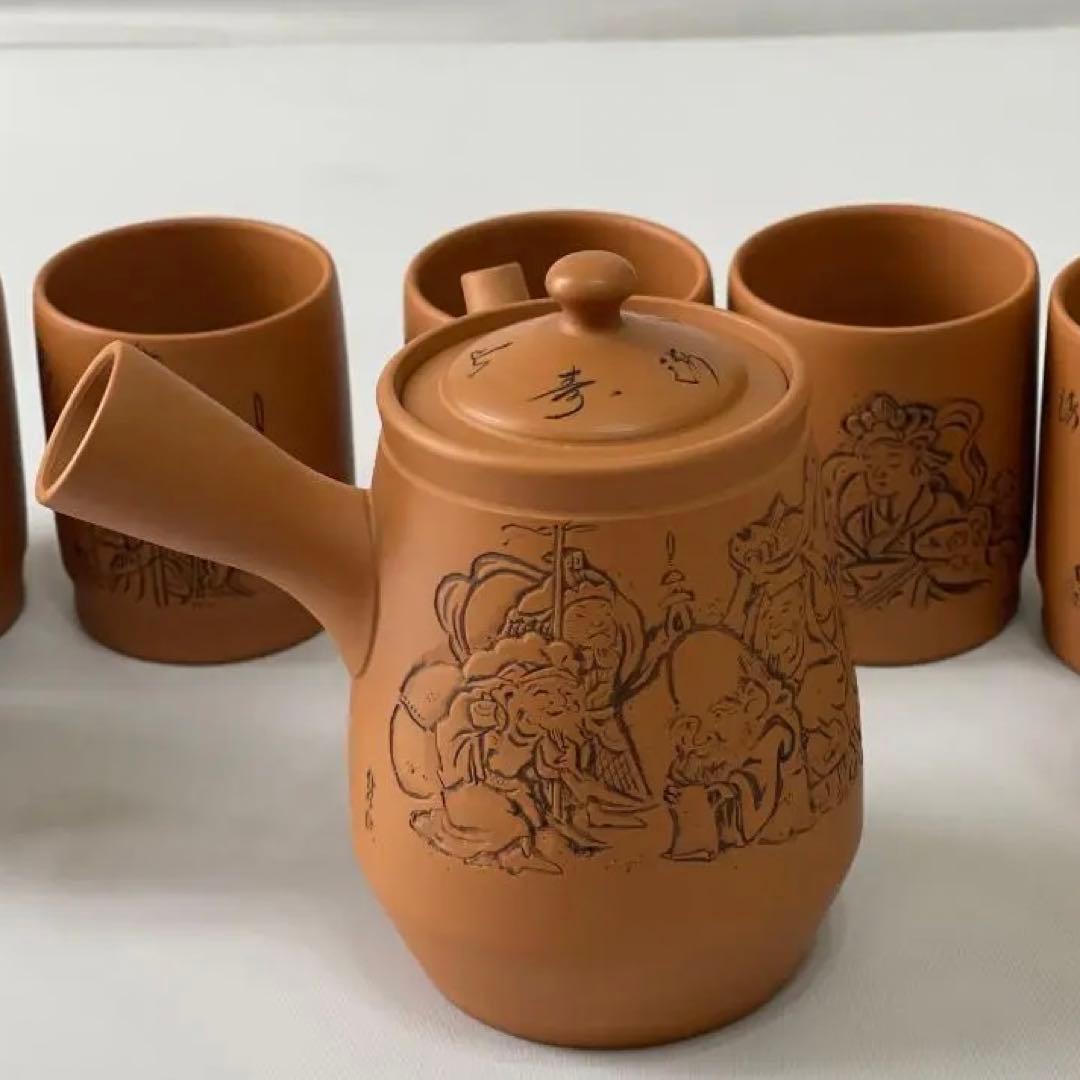 常滑焼　義叟作　伯宝彫り　七福神　急須　湯呑７点セット　茶器　煎茶道具