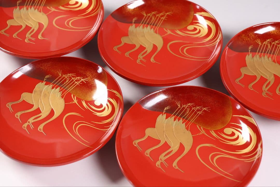 【CM375】時代木製漆器 光琳写 金蒔絵 群鶴図 朱塗 引盃 五客 小皿 杯