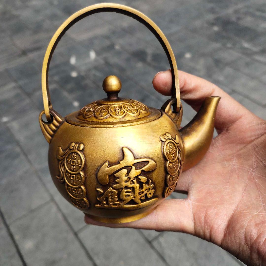 銅器 招財進宝茶壺 酒壺 提梁壺 茶道具 煎茶道具 工芸品 置物