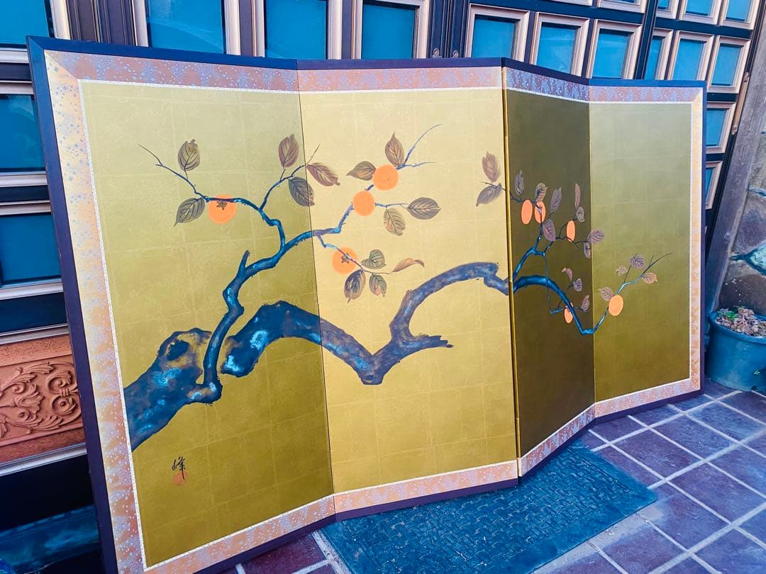 日本画 橙色の果実の屏風 160cm