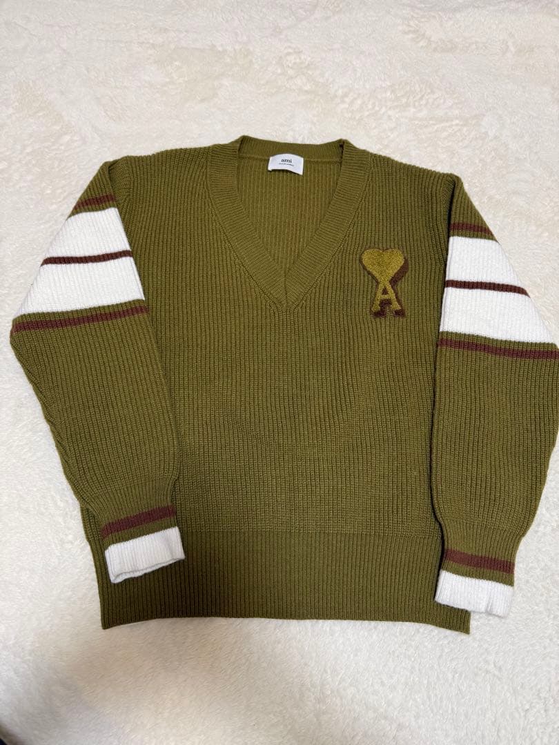 ami paris オリーブグリーンウール カレッジセーター　Sサイズ