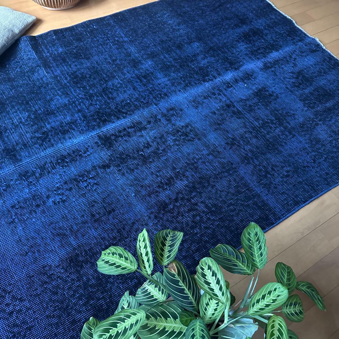 112.5×209藍色オーバーダイ　ワンカラーラグ　トルコヴィンテージラグ