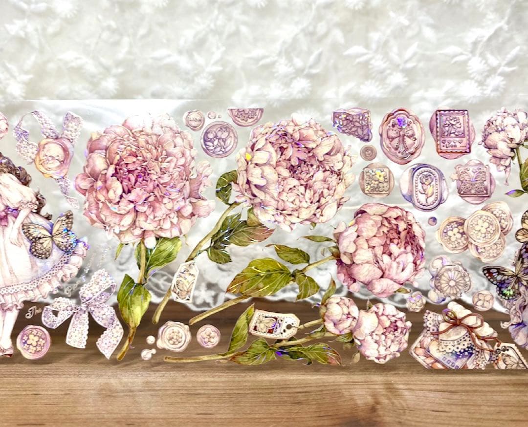 【KN058】海外PET貝殻光マスキングテープ　マステ切り売り　芍药季　お花