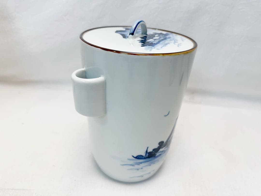 未使用 茶道具 玉堂窯 染付 山水絵 細水指 管耳付 底印 紙箱