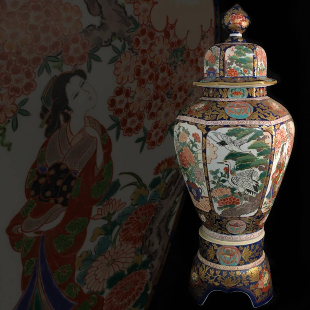 有田焼 夢右衛門窯 作 花鳥図 美人図 特大沈香壷 高約100㎝ 蔵出品