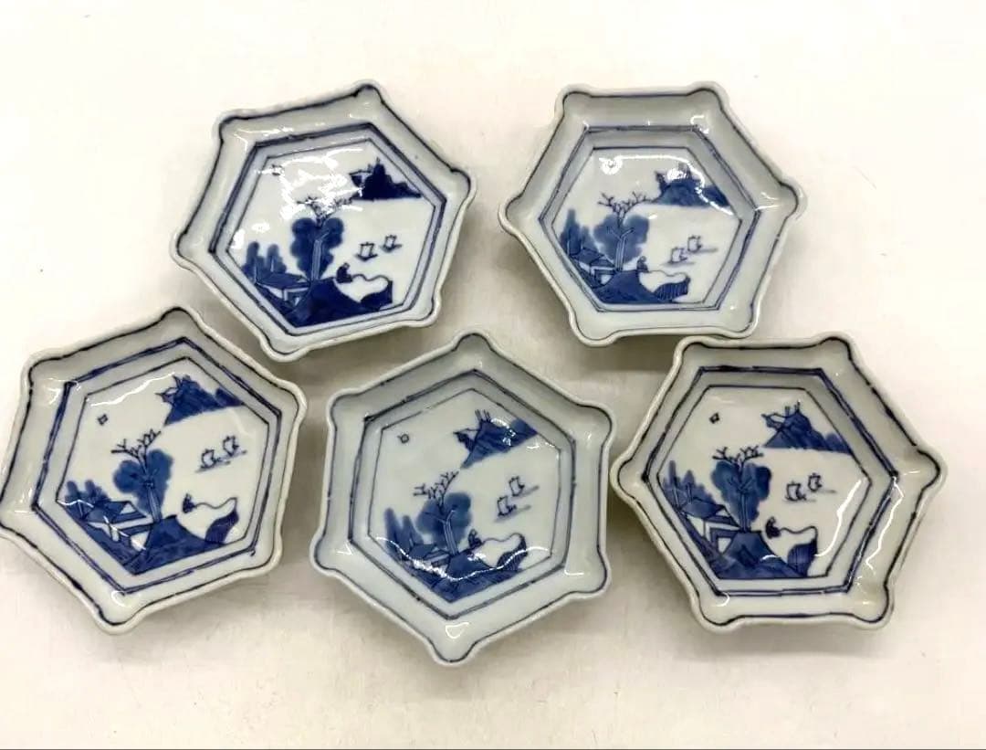 古染　染付山水人物紋角皿5点　古渡　送料込み251108