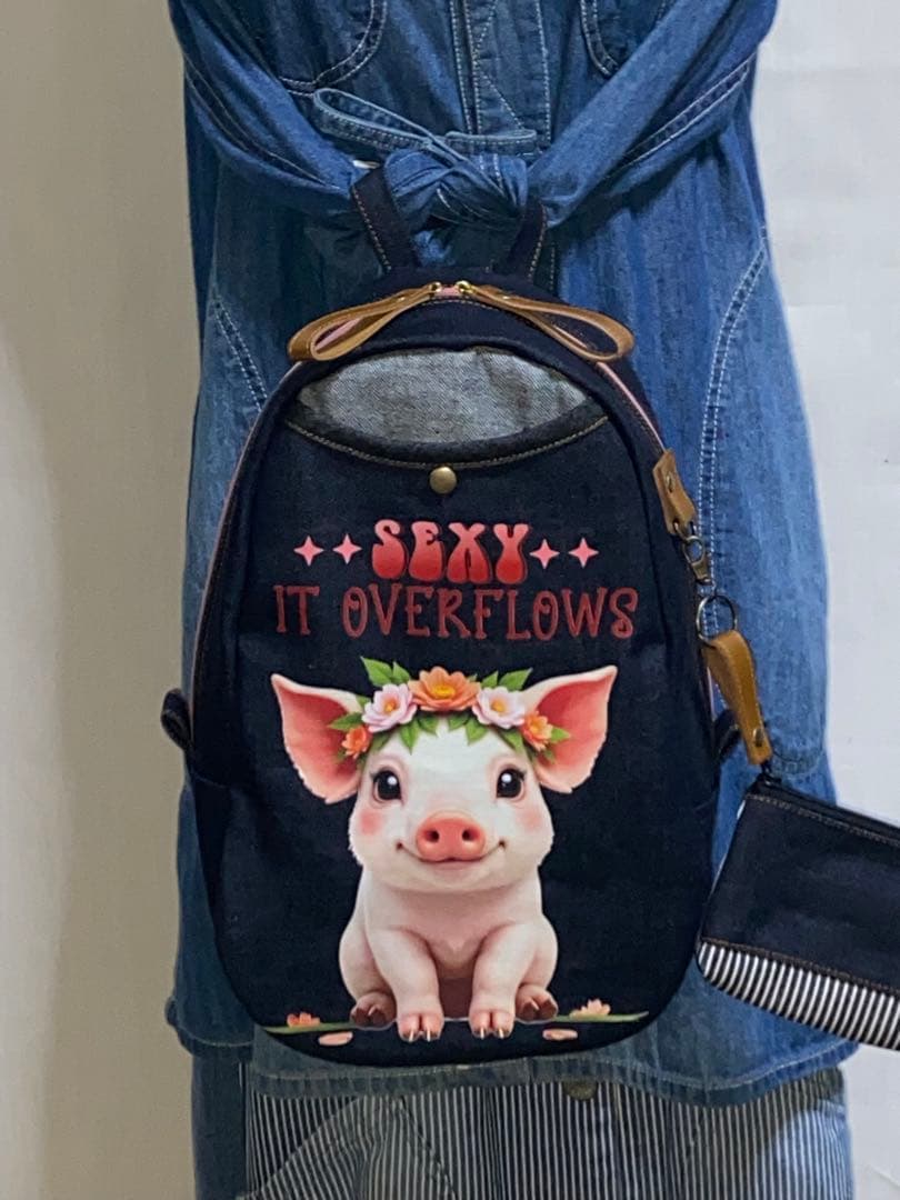 男女兼用☆岡山デニム☆ブタさん☆リュックorワンショルダーバッグ
