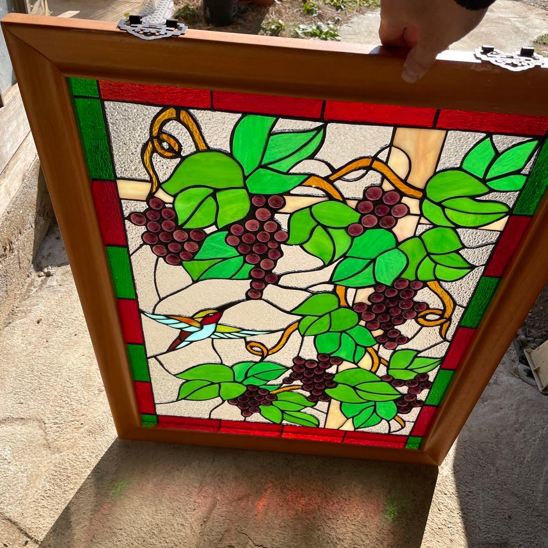 ち*ん様 ステンドグラス パネル 葡萄とカラフルな鳥 約72×57cm 壁掛け