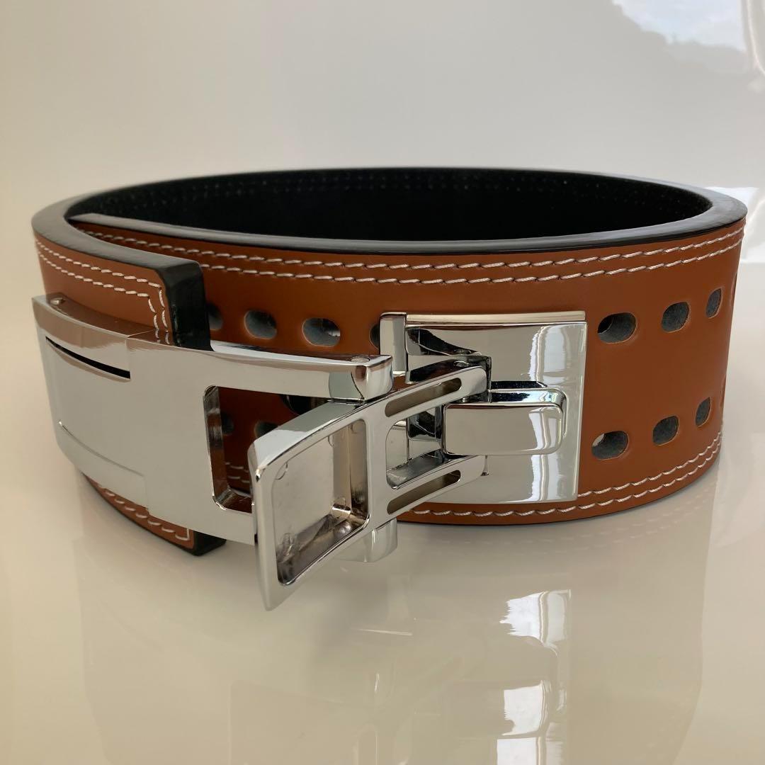 パワーベルト レバーアクション ワンタッチ可変式 M ブラウン×艶シルバー 本革