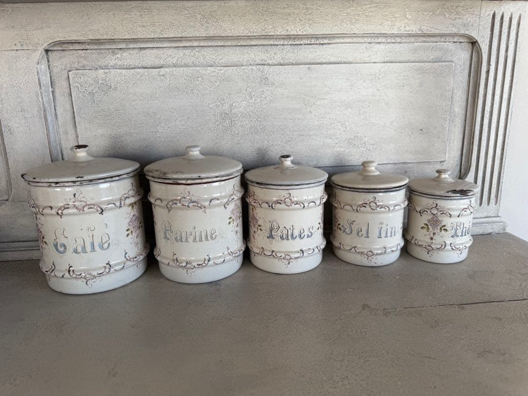 フランスアンティークホーローアールヌーボー可憐な花柄キャニスター5個セット