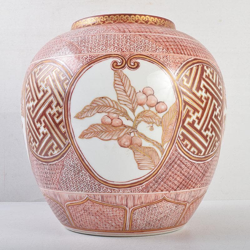 九谷焼　北山堂　赤絵金彩　瑞果文　花瓶　共箱　F　R9158B