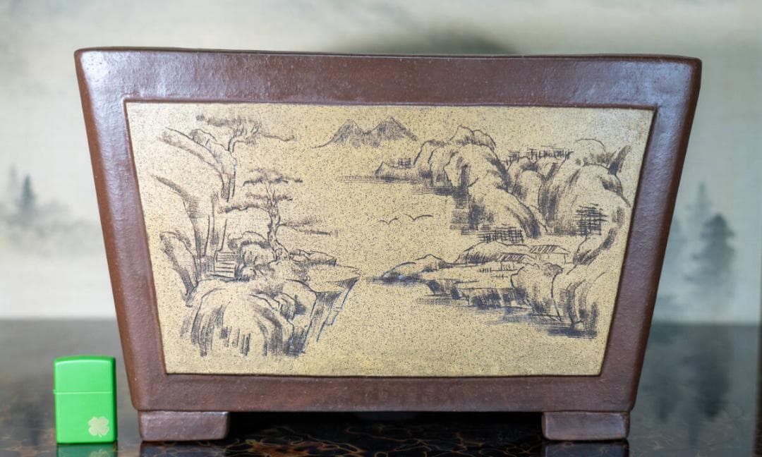 中国盆器 紫泥 出額釘彫り山水漢文図正方鉢