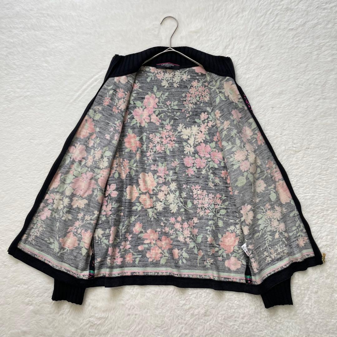 LEONARD シルク混フルジップカーディガン フラワー ブラック L