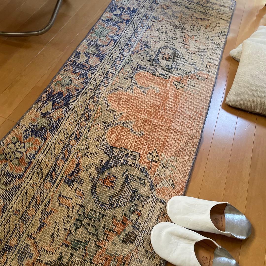 60×199 ロングランナーラグ　擦れ　シャビー　ウール　トルコヴィンテージラグ