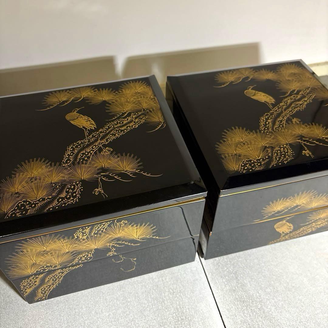 豪華セット◽️蒔絵 4段重箱 鶴松 重台付き 蓋2枚 漆器 骨董 昭和レトロ 正月