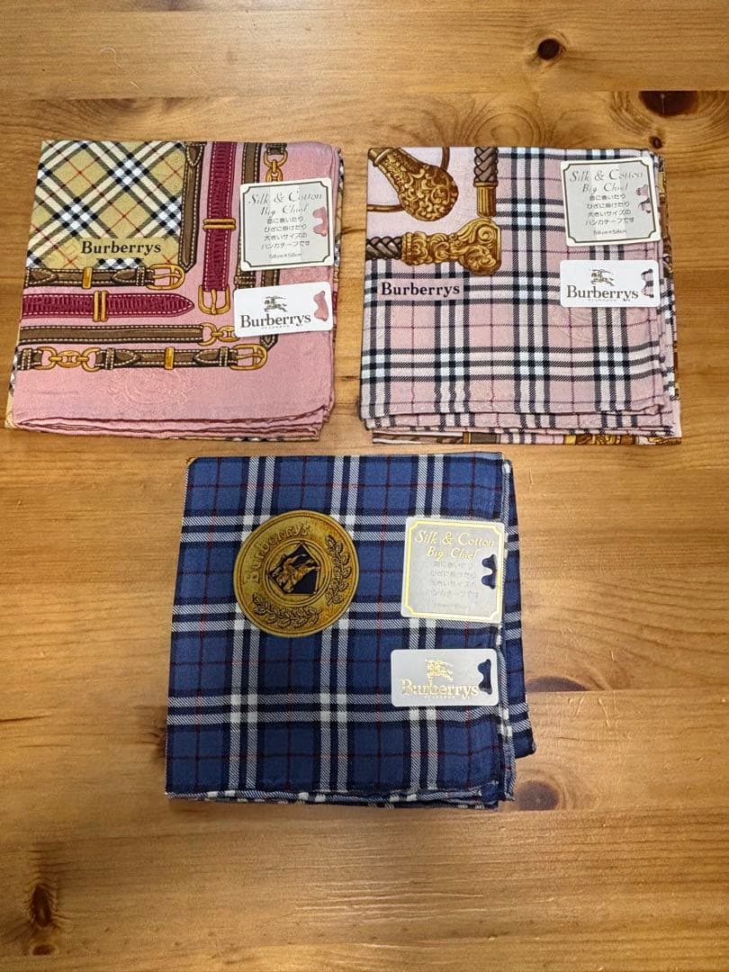 H*守様 シルク&コットンBurberry チェック柄ハンカチ 3点セット