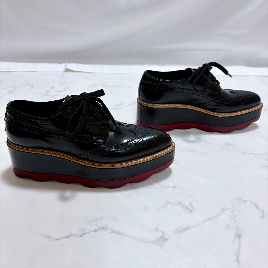 美品 PRADA 厚底ウイングチップ 黒 36 レザー プラットフォーム