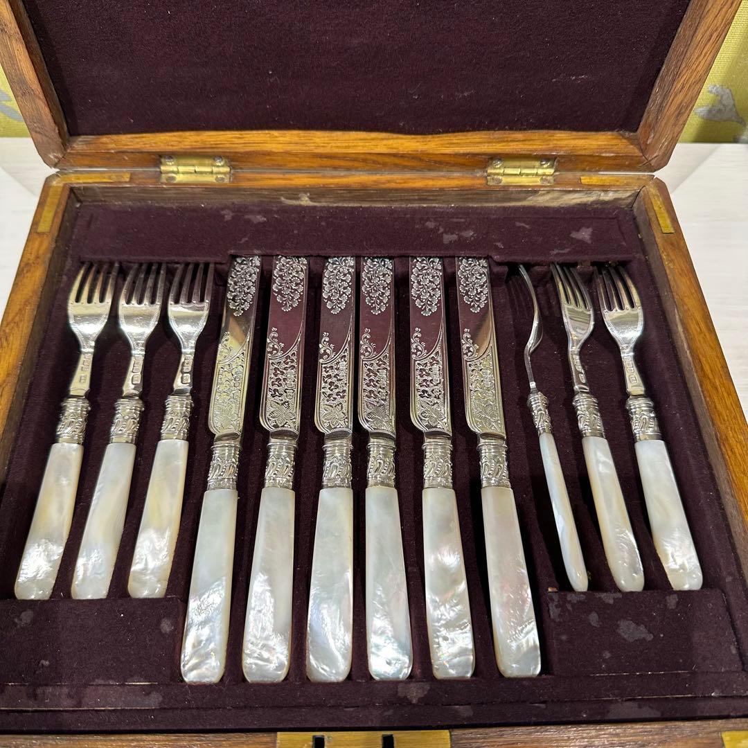 ⭐︎純銀継手 英国製 白蝶貝 マザーオブパールデザートナイフ&フォーク12本 木箱