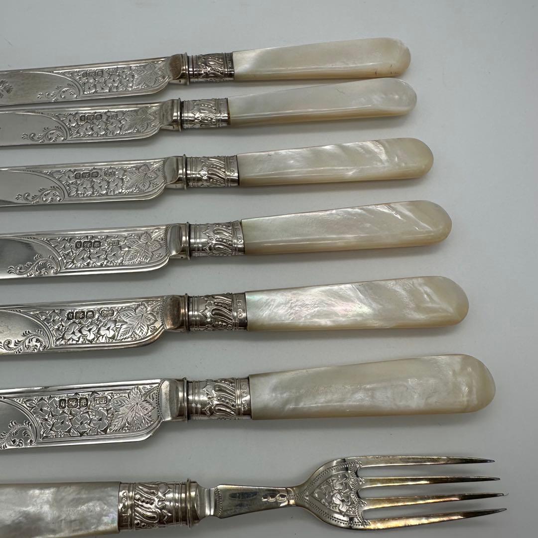 ⭐︎純銀継手 英国製 白蝶貝 マザーオブパールデザートナイフ&フォーク12本 木箱