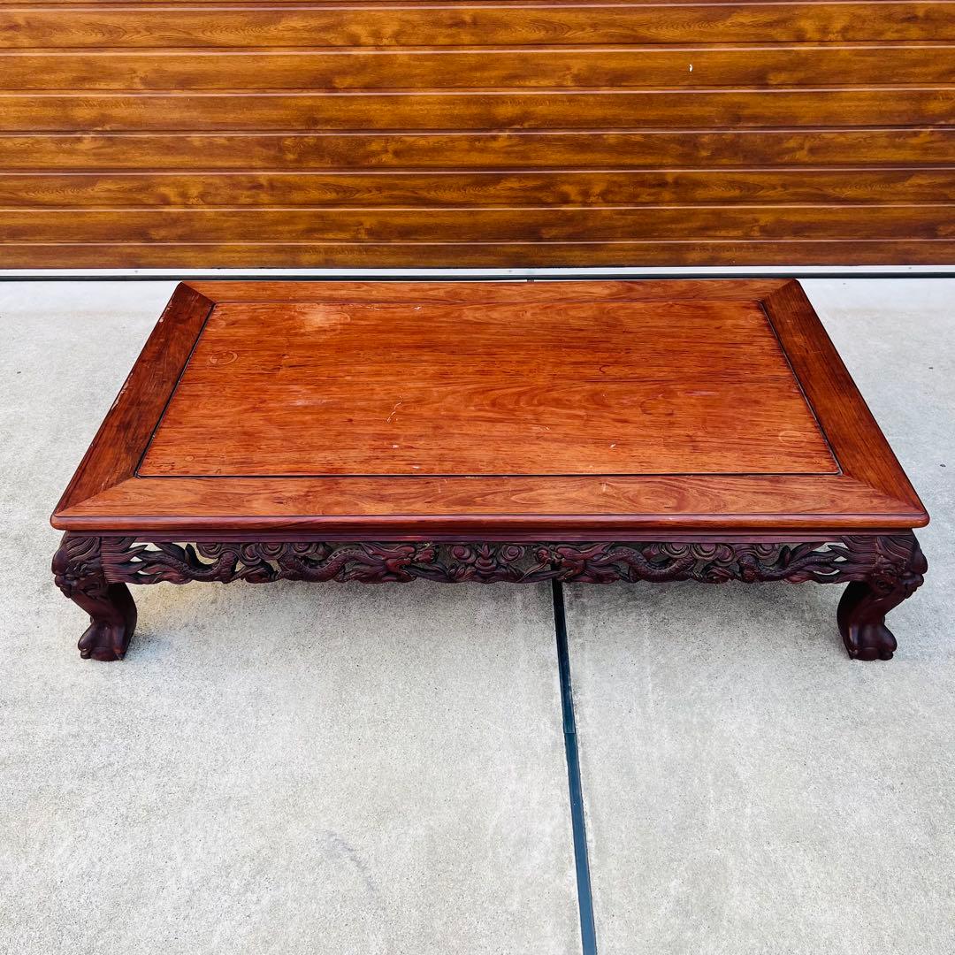 高級唐木　獅子龍彫刻付き　漆仕上げ　長座卓　150センチ幅　テーブル　一枚板