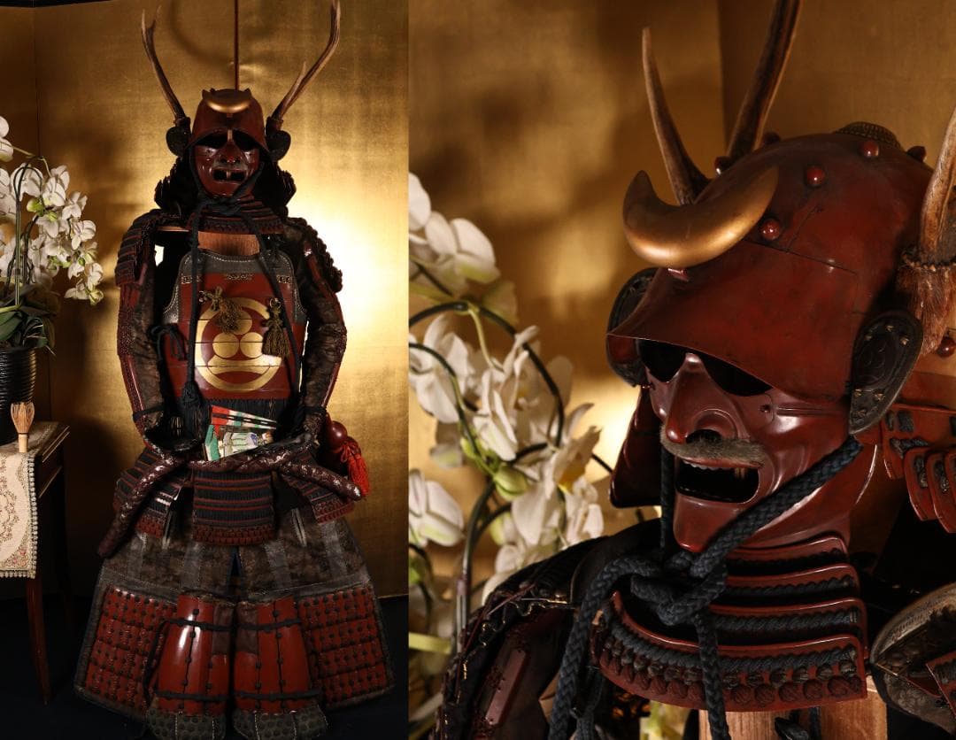 BY03　甲冑　丸に渡辺星紋　鹿角脇立　三日月前立　鎧櫃付　等身大　兜　武具