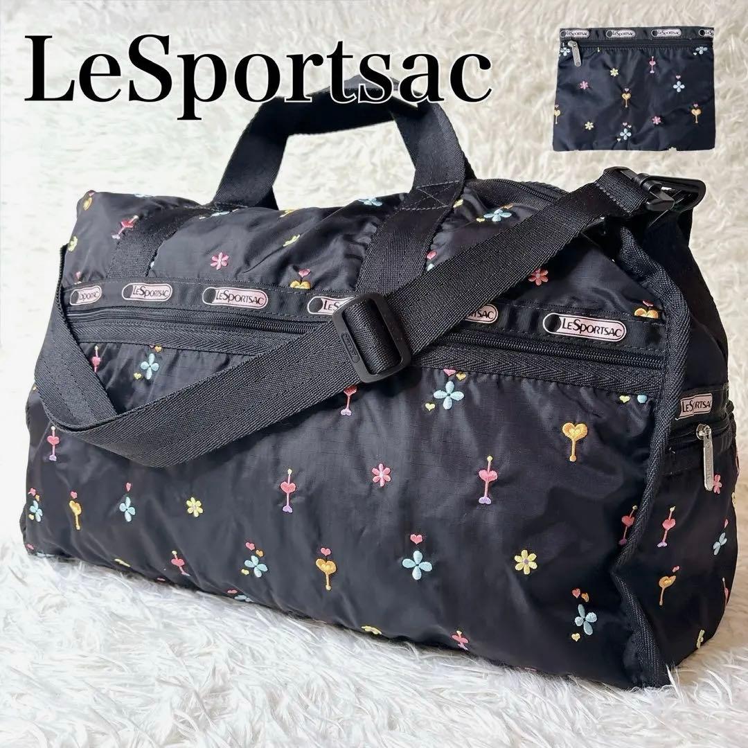 美品✨LeSportsac ボストンバッグ 花柄 刺繍 レスポ ポーチ ブラック
