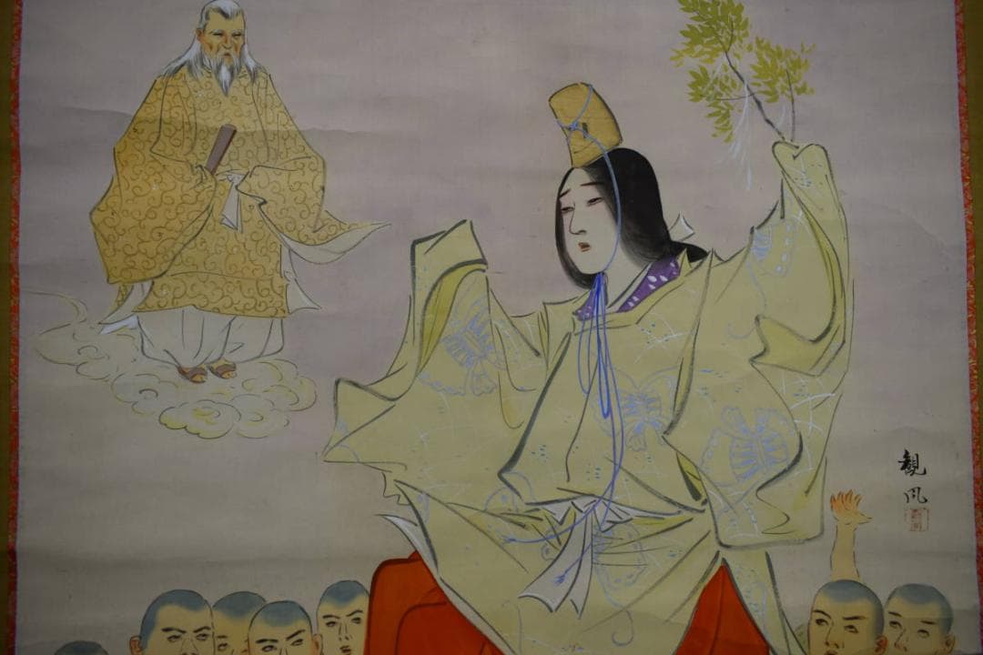 真作/観風/親鸞聖人/神鹿/春日明神/岡崎/能舞図/大幅/布袋屋掛軸HK-77