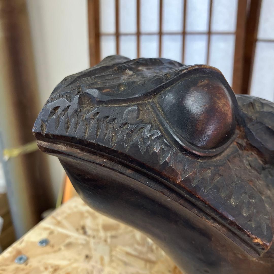 骨董品　福かえる　木彫　かえる　昭和20年頃の作￼N 37kE