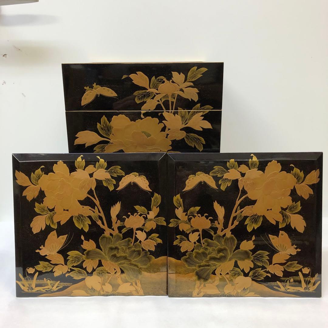 金蒔絵お重　漆器　木製　花鳥図柄　唐獅子図柄　五段重別蓋付き　共箱無