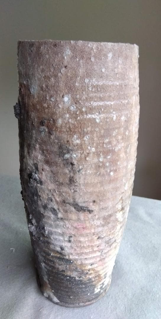 越前焼　白越不朝　塩越窯　自然灰釉究極美迸る逸品 還元窯変美筒状花器 No:12