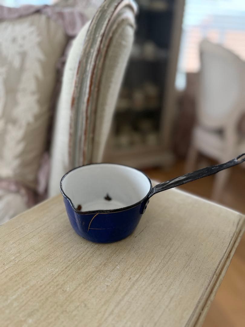 フランスアンティーク激レア小鳥の絵柄ハンドペイントのホーロースキマーと片手鍋